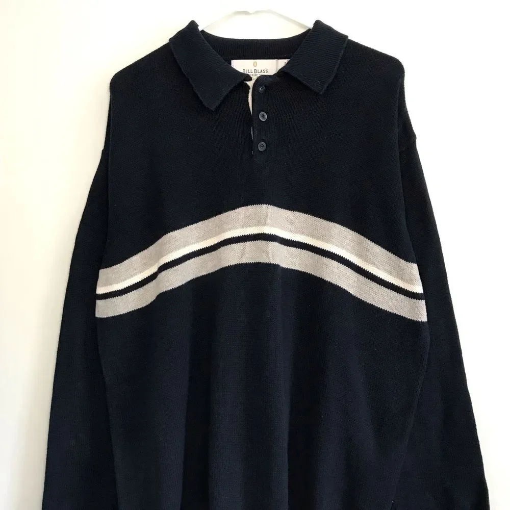 Vintage Bill Blass Menswear XXL Striped Navy Blue Knit Sweater Collared